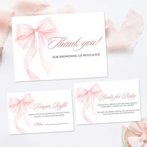 Roze strik babyshower bijlage kaarten sjabloon luier loterij boeken voor baby coquette aquarel roze lint uitnodiging inserts bedankkaart