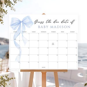Blue Bow Baby Shower Due Date Calendar Sign Coquette Bow Baby Shower Game Guess Baby&#39;s Birth Date Canva Template Digital Download BB14