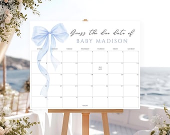 Blue Bow Baby Shower Calendar Sign: Due Date Game (Canva Template Digital Download BB14)