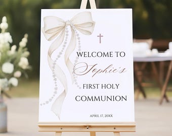 First Holy Communion Welcome Sign Watercolor White Bow and Pearls Design Canva Template Digital Download