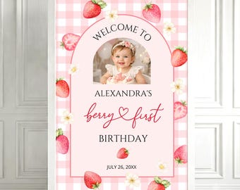 Berry First Birthday Welcome Sign, Editable Strawberry 1st Birthday Poster, Printable Canva Template, Digital Download B33