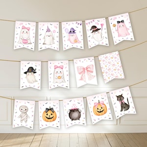 May include: A festive Halloween banner featuring watercolor illustrations of ghosts, pumpkins, and a black cat. The pennants are strung on a gold cord and decorated with bats, bows, and other Halloween-themed elements. The color palette includes pink, orange, black, and white.