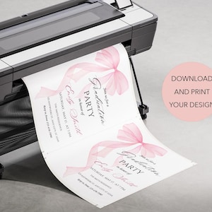 Op de afbeelding: Printbare uitnodiging voor een afstudeerfeest met roze aquarel linten en de tekst "Join us for a Graduation Party in honor of Emily Smith" en "Join us for a Graduation Party in honor of Carly Smith".