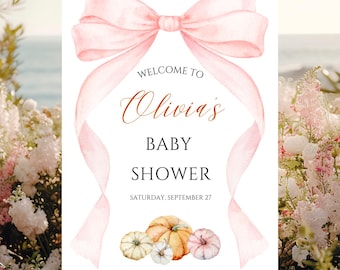 Watercolor Pumpkin Baby Shower Welcome Sign: Pink Bow, Canva Template (Digital Download LP18)