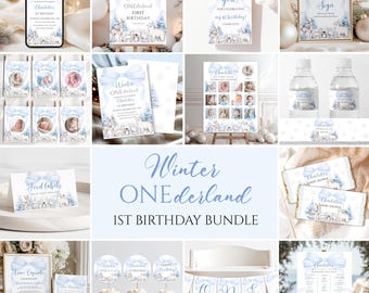 Winter Onederland Birthday Bundle: Coquette Bow 1st Christmas, Canva Template WO23