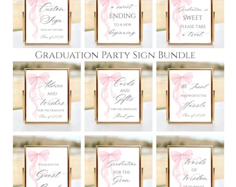 Roze strik afstuderen tafelborden, aquarel coquette afstuderen decor, klasse van 2026 feestsjablonen, bewerkbare canva Instant Download