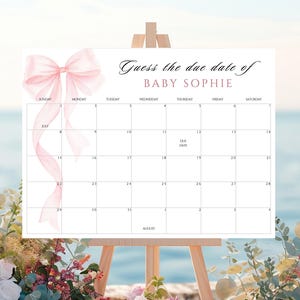 Rosa Schleife Babyparty Fälligkeitsdatum Kalender Rosa Kokette Schleife Baby Mädchen Spiel Errate des Babys Geburtsdatum Canva Vorlage Digitaler Download
