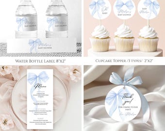 Blue Bow Baby Shower Invitation Set Printable Watercolor Baby Shower Template Editable Canva Digital Download