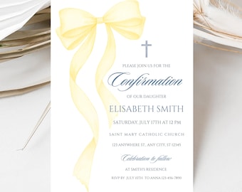 Yellow Bow Confirmation Invitation Template Watercolor Elegant Catholic Invite Religious Confirmation Card Printable Canva Instant Download