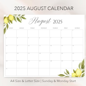 Può includere: Un calendario stampabile di agosto 2025 con un design a limone e foglie. Il calendario inizia di domenica e ha un semplice layout a griglia.