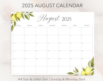 August 2025 Calendar: Watercolor Lemon Printable Planner (Digital)