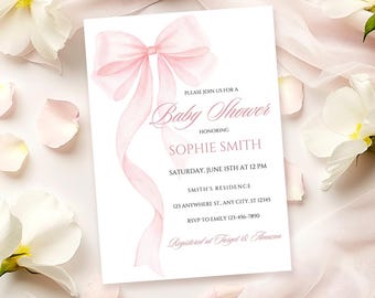 Blush Pink Bow Baby Shower Invitation: Elegant Watercolor Canva Template Digital Download PB15