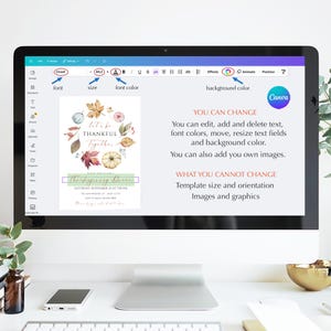 May include: A computer monitor displays a Canva design interface. The design features a Thanksgiving invitation with fall foliage and text. The interface shows editing options for font, size, and color.