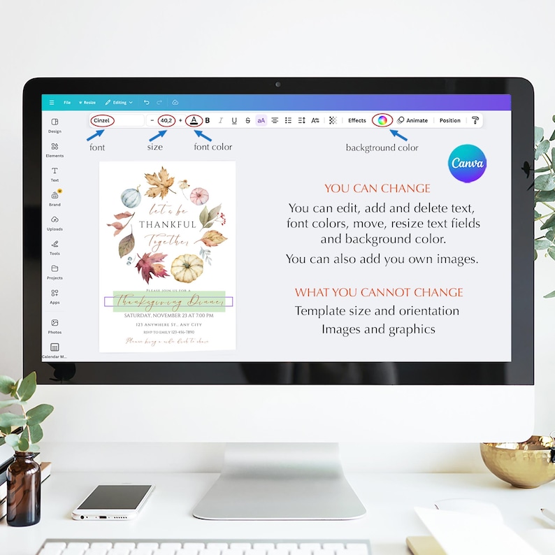 May include: A computer monitor displays a Canva design interface. The design features a Thanksgiving invitation with fall foliage and text. The interface shows editing options for font, size, and color.