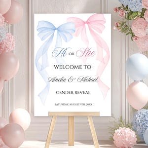 Modelo de placa de boas-vindas com laço rosa e azul para revelação do sexo do bebê, pôster para ele ou ela, placa de laço coquete editável para download digital do Canva