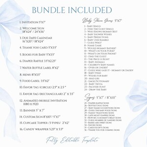 May include: A printable bundle for a baby shower includes invitations, signs, games, and decorations. The bundle is fully editable and includes a variety of sizes and designs.