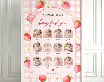 Berry First Birthday Milestone Photo Poster, Editable Strawberry 1st Birthday Party Sign, Printable Canva Template, Digital Download B33
