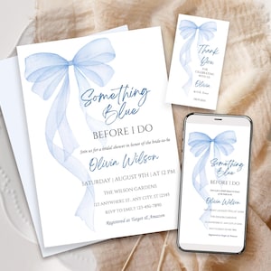 Op de afbeelding: Een blauwe aquarel strik met de tekst "Something Blue" en "Before I Do" op een witte achtergrond. De tekst bevat ook de naam van de bruid, de datum, tijd en locatie van de bruidsdouche, en RSVP-informatie.