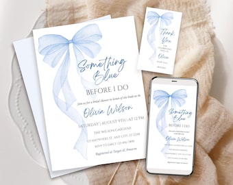 Może przedstawiać: Niebieska wstążka akwarelowa z tekstem "Something Blue" i "Before I Do" na białym tle. Tekst zawiera również imię panny młodej, datę, godzinę i miejsce przyjęcia przedślubnego oraz informacje RSVP.