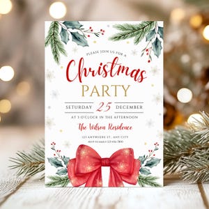 Uitnodiging kerstfeest Feestelijke vakantie uitnodiging aquarel rode strik bewerkbare Canva-sjabloon direct downloaden