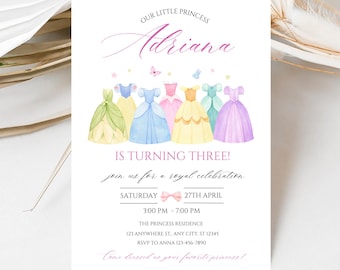 Princess Birthday Invitation Template Girls Birthday Invite Royal Pink Dress Watercolor Digital Download Editable Canva P17