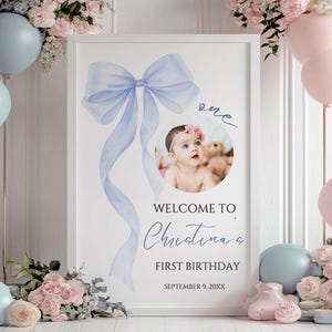 Blue Bow 1st Birthday Welcome Sign: Watercolor Photo Poster (Canva Template Digital Download BB14