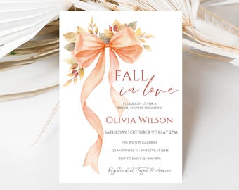 Fall in Love Bridal Shower Invitation: Coquette Bow, Autumn Leaves (Canva Digital) OB13