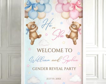 Teddy Bear Gender Reveal Welcome Sign, He or She Bear Baby Shower Poster,  Editable Canva Template Digital Download GB34