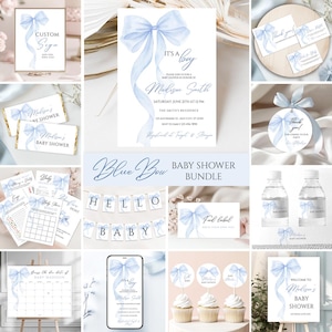Stoffige blauwe strik babyshower bundel uitnodiging afdrukbare aquarel coquette strik baby jongen douche sjabloon bewerkbare games digitale download