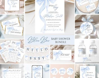 Dusty Blue Bow Baby Shower Invitation Bundle, Watercolor Coquette Design Digital Download BB14