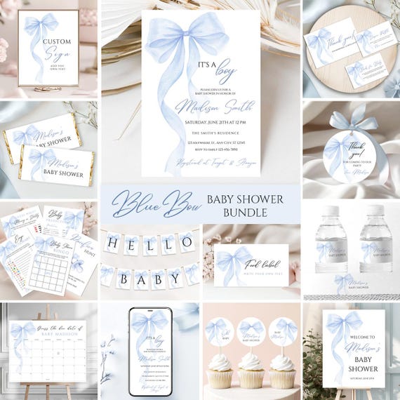 Dusty Blue Bow Baby Shower Invitation Bundle, Watercolor Coquette Design Digital Download BB14