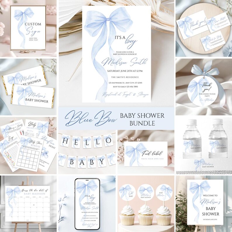 May include: Blue and white baby shower printable bundle with a watercolor bow design. The bundle includes invitations, thank you cards, water bottle labels, cupcake toppers, and more. The text on the invitation reads "It's a Boy" and "Madison Smith".