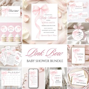 May include: Pink bow baby shower printable bundle with a pink bow design. Includes invitations, thank you cards, food labels, bingo cards, a welcome sign, a custom sign, a calendar, a cupcake topper, and chocolate bar wrappers.