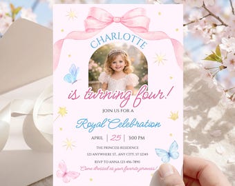 Princess Birthday Invitation, Editable Photo Invite, Watercolor Pink Bow Canva Template, Printable Digital Download