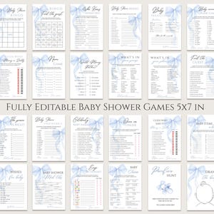 May include: A set of 16 printable baby shower game cards featuring blue watercolor bows and various game titles, including "Baby Shower Bingo", "Guess Who Said It", "Baby Items", and "Pacifier Hunt".