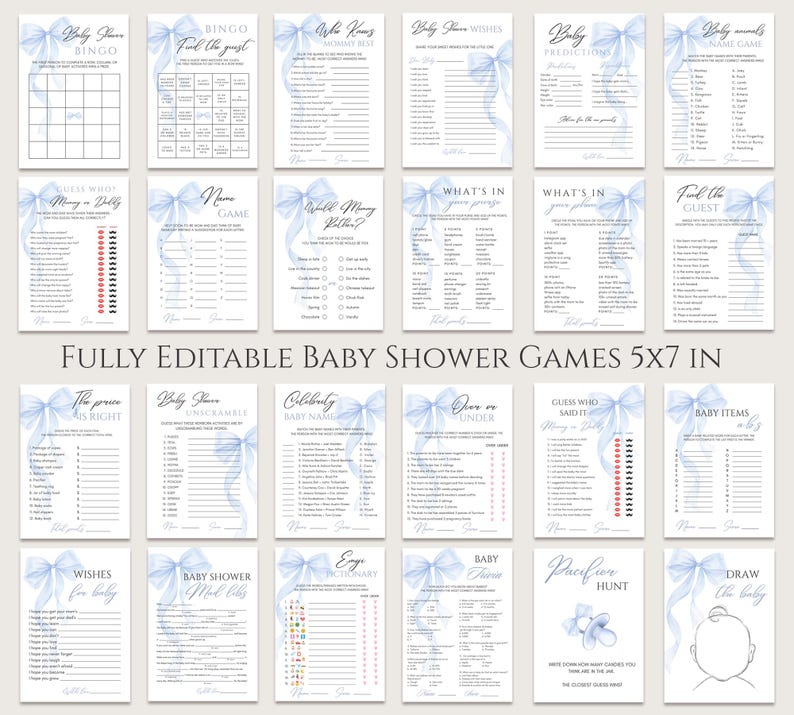 May include: A set of 16 printable baby shower game cards featuring blue watercolor bows and various game titles, including "Baby Shower Bingo", "Guess Who Said It", "Baby Items", and "Pacifier Hunt".