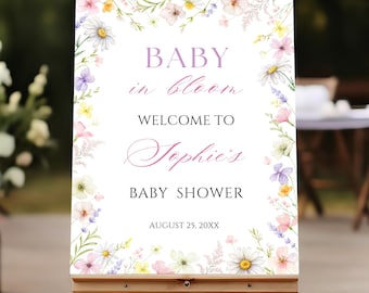 Baby in Bloom Welcome Sign, Wildflower Party Poster, Editable Canva Template, Digital Download
