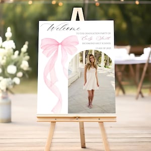 Cartel de bienvenida de graduación con lazo rosa 2025, póster de fiesta de graduación, cartel de lazo de acuarela, plantilla imprimible en Canva para niñas, descarga digital
