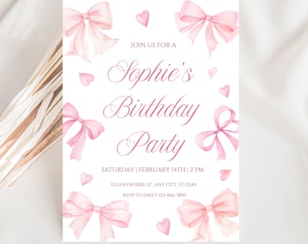 Pink Bow Birthday Party Invitation Template, Coquette Girl Invite, Editable Canva Digital Download