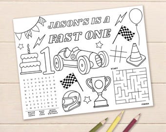 Race Car Birthday Coloring Page, Fast One Birthday Placemat, Editable Party Games, Printable Canva Template FO32