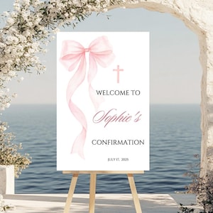 Blush Pink Bow First Holy Confirmation Welcome Sign Watercolor Church Welcome Poster Printable Canva Template Instant Download