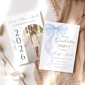 May include: Two graduation announcements. One features a photo of a woman in a white dress, the text "Emily Allison Smith, Richmond Hight School, Class of 2026." The other has a blue bow and the text "Graduation PARTY in honour of Emily Smith."