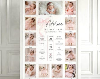Pink Bow 1st Birthday Sign, Monthly Milestone Board, Editable Photo Collage Poster, Printable Canva Template