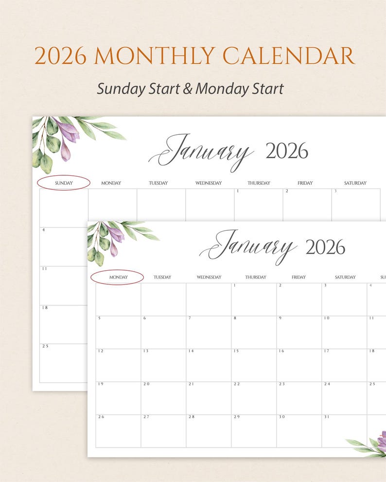 Editable 2026 Monthly Calendar Watercolor Floral Calendar Printable A4 ...
