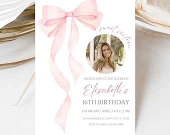 Pink Bow Birthday Photo Invitation, Sweet Sixteen Coquette Birthday Evite, Editable Canva Template