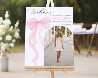 Cartel de bienvenida de graduación con lazo rosa 2026, póster de fiesta de graduación, plantilla imprimible en Canva, descarga digital