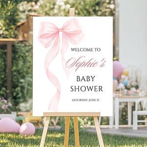 Rosa Schleife Baby Shower Willkommensschild Vorlage Kokette Babyparty Benutzerdefiniertes Zeichen Aquarell Bogen Willkommen Poster Druckbare bearbeitbare Leinwand