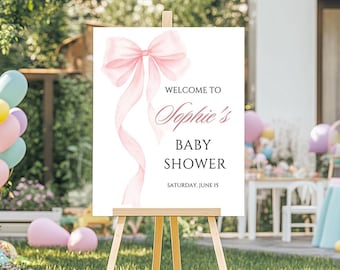 Pink Bow Baby Shower Welcome Sign Template Coquette Baby Shower Custom Sign Watercolor Bow Welcome Poster Printable Editable Canva PB15