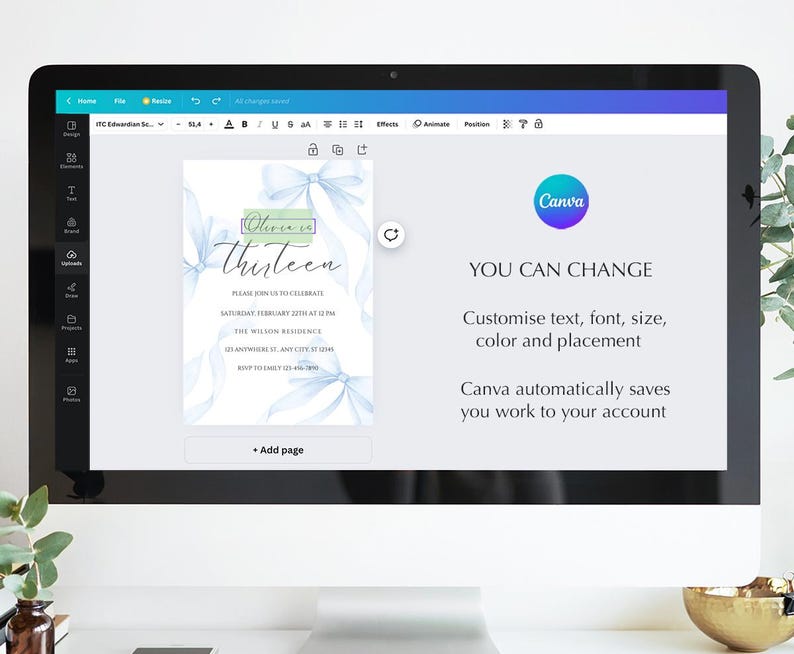May include: A blue and green digital invitation for a 13th birthday party. The invitation features a watercolor design with the text "Turning Thirteen" and a date and time for the party.