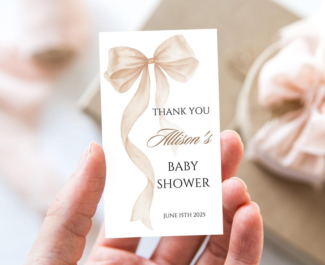 Beige Bow Baby Shower Thank You Tag: Editable Watercolor Canva Template ...